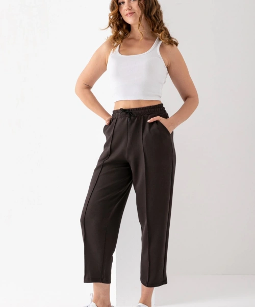 Kadın Kahverengi Beli Lastikli Modal Kumaş Çımalı Bilek Pantolon Yumuşak Dokulu Şık Bağcıklı Pantolon