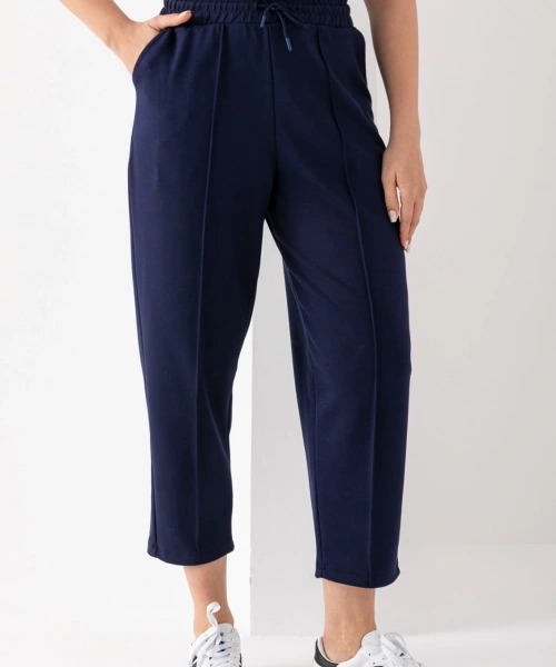 Kadın Lacivert Beli Lastikli Modal Kumaş Çımalı Bilek Pantolon Yumuşak Dokulu Şık Bağcıklı Pantolon