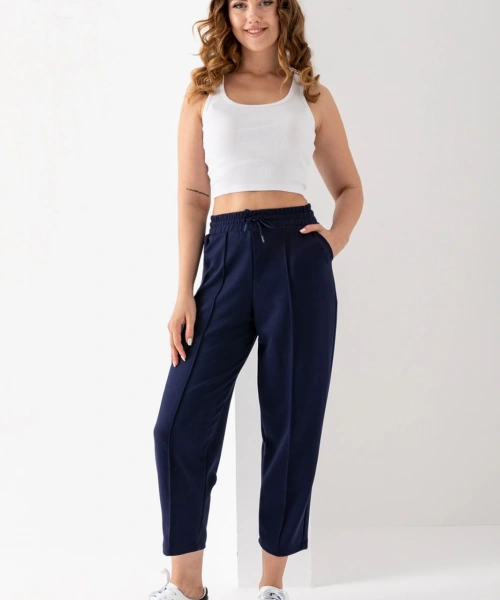 Kadın Lacivert Beli Lastikli Modal Kumaş Çımalı Bilek Pantolon Yumuşak Dokulu Şık Bağcıklı Pantolon