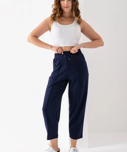 Kadın Lacivert Beli Lastikli Modal Kumaş Çımalı Bilek Pantolon Yumuşak Dokulu Şık Bağcıklı Pantolon