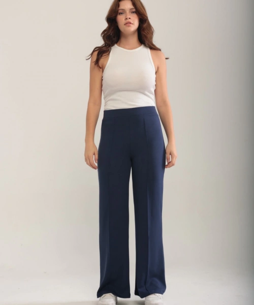 Kadın Lacivert Modal Bol Paça Çımalı Yüksek Bel Yumuşak Dokulu Beli Lastikli Likralı Pantolon