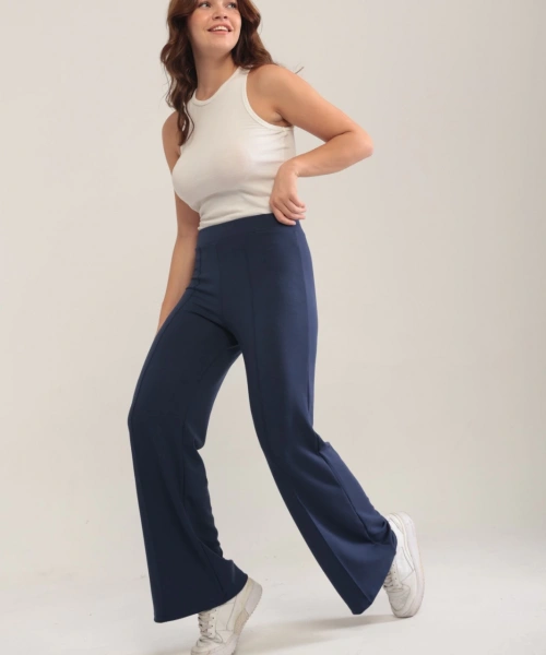 Kadın Lacivert Modal Bol Paça Çımalı Yüksek Bel Yumuşak Dokulu Beli Lastikli Likralı Pantolon