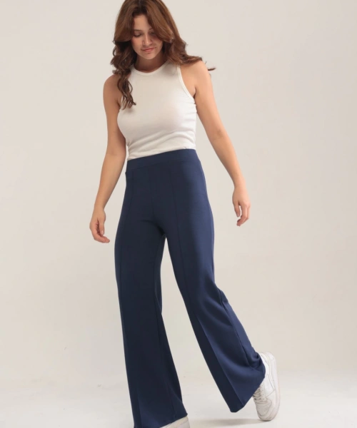 Kadın Lacivert Modal Bol Paça Çımalı Yüksek Bel Yumuşak Dokulu Beli Lastikli Likralı Pantolon