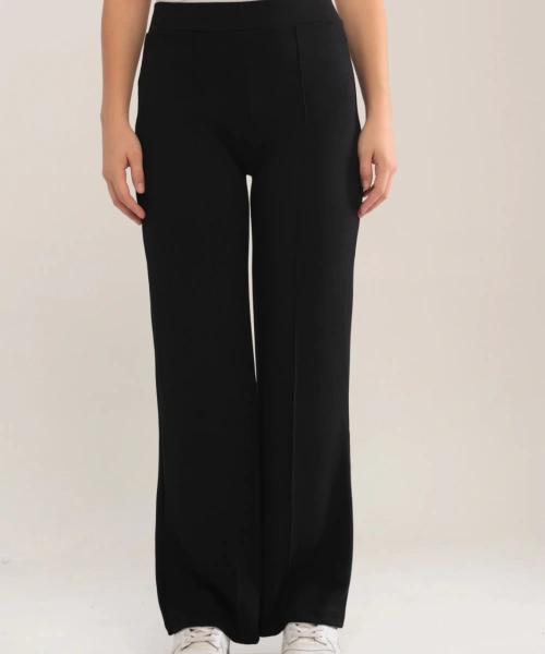 Kadın Siyah Modal Bol Paça Çımalı Yüksek Bel Yumuşak Dokulu Beli Lastikli Likralı Pantolon