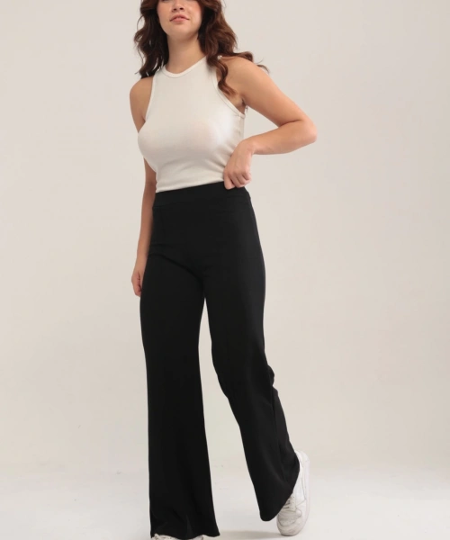 Kadın Siyah Modal Bol Paça Çımalı Yüksek Bel Yumuşak Dokulu Beli Lastikli Likralı Pantolon