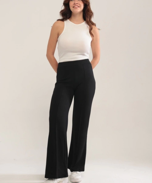 Kadın Siyah Modal Bol Paça Çımalı Yüksek Bel Yumuşak Dokulu Beli Lastikli Likralı Pantolon