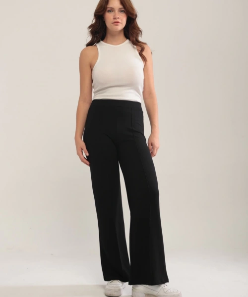 Kadın Siyah Modal Bol Paça Çımalı Yüksek Bel Yumuşak Dokulu Beli Lastikli Likralı Pantolon