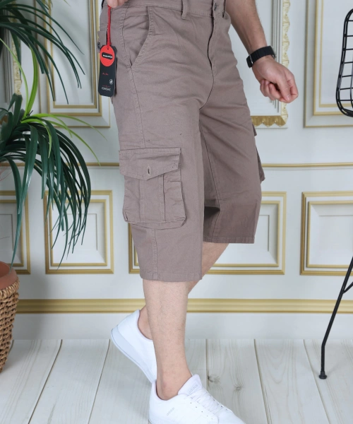 Kahverengi Erkek Regular Fit Rahat Kesim Kapri Likralı Gabardin Diz Altı Kargo Cepli Bermuda Kapri