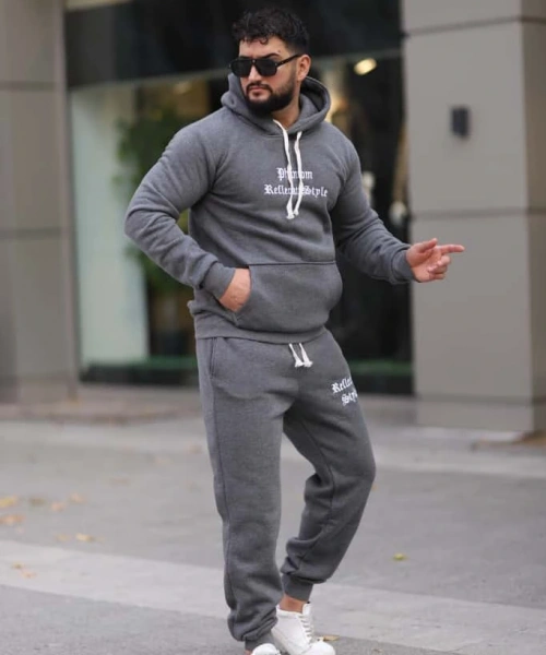 Koyu Gri Melanj Polarlı Erkek Eşofman Takımı Paça Lastikli Cepli Kapüşonlu Nakış Detaylı Compact Takım