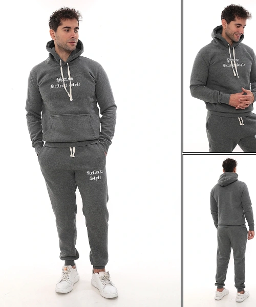 Koyu Gri Melanj Polarlı Erkek Eşofman Takımı Paça Lastikli Cepli Kapüşonlu Nakış Detaylı Compact Takım
