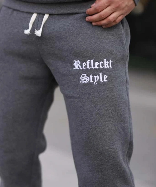 Koyu Gri Melanj Polarlı Erkek Eşofman Takımı Paça Lastikli Cepli Kapüşonlu Nakış Detaylı Compact Takım