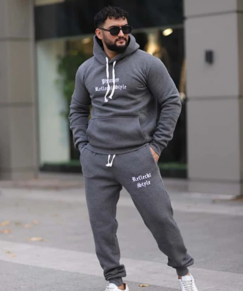 Koyu Gri Melanj Polarlı Erkek Eşofman Takımı Paça Lastikli Cepli Kapüşonlu Nakış Detaylı Compact Takım