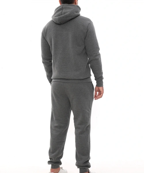 Koyu Gri Melanj Polarlı Erkek Eşofman Takımı Paça Lastikli Cepli Kapüşonlu Nakış Detaylı Compact Takım