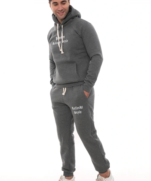 Koyu Gri Melanj Polarlı Erkek Eşofman Takımı Paça Lastikli Cepli Kapüşonlu Nakış Detaylı Compact Takım