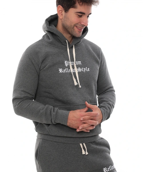 Koyu Gri Melanj Polarlı Erkek Eşofman Takımı Paça Lastikli Cepli Kapüşonlu Nakış Detaylı Compact Takım