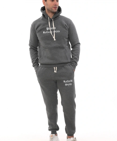 Koyu Gri Melanj Polarlı Erkek Eşofman Takımı Paça Lastikli Cepli Kapüşonlu Nakış Detaylı Compact Takım