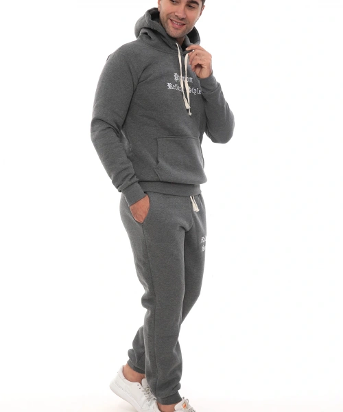 Koyu Gri Melanj Polarlı Erkek Eşofman Takımı Paça Lastikli Cepli Kapüşonlu Nakış Detaylı Compact Takım