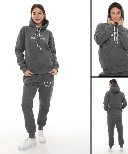 Koyu Gri Polarlı Şık Kadın Eşofman Takımı Paça Lastikli Cepli Kapüşonlu Nakış Detaylı Compact Takım