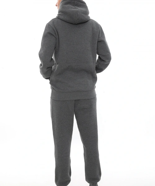 Koyu Gri Polarlı Şık Kadın Eşofman Takımı Paça Lastikli Cepli Kapüşonlu Nakış Detaylı Compact Takım