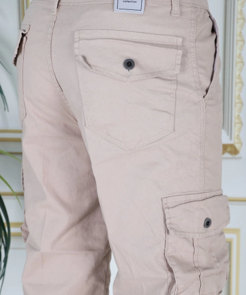 Krem Erkek Regular Fit Rahat Kesim Kapri Likralı Gabardin Diz Altı Kargo Cepli Bermuda Kapri