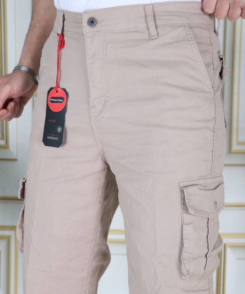 Krem Erkek Regular Fit Rahat Kesim Kapri Likralı Gabardin Diz Altı Kargo Cepli Bermuda Kapri