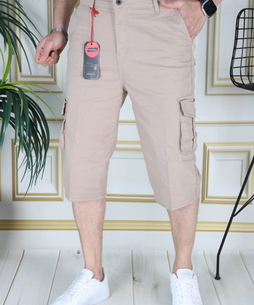Krem Erkek Regular Fit Rahat Kesim Kapri Likralı Gabardin Diz Altı Kargo Cepli Bermuda Kapri