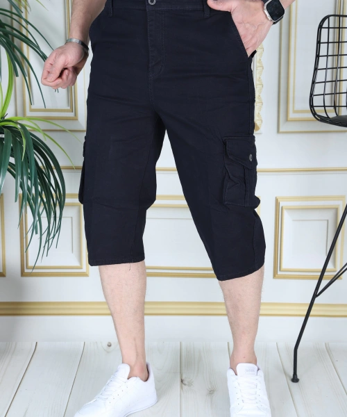 Lacivert Erkek Slim Fit Kapri Likralı Gabardin Diz Altı Kargo Cepli Bermuda Kapri