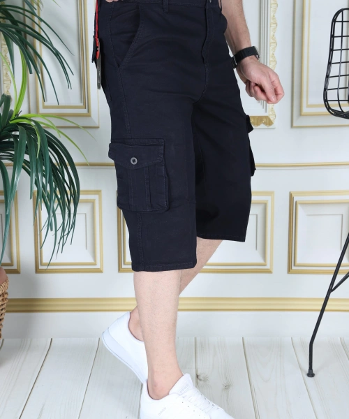 Lacivert Erkek Slim Fit Kapri Likralı Gabardin Diz Altı Kargo Cepli Bermuda Kapri