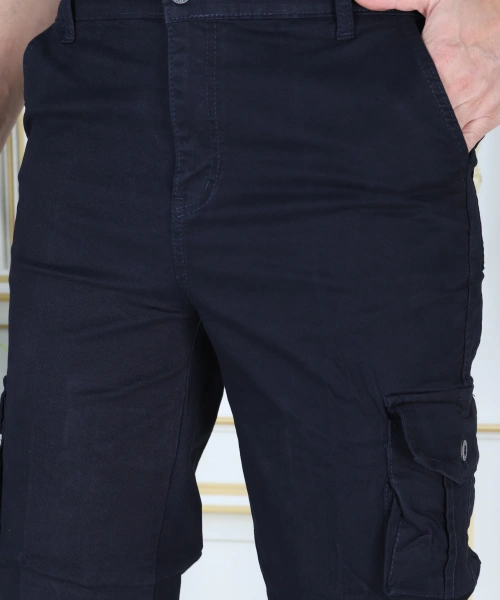 Lacivert Erkek Slim Fit Kapri Likralı Gabardin Diz Altı Kargo Cepli Bermuda Kapri