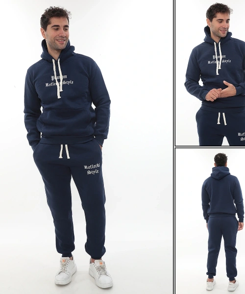 Mavi Şık İçi Polarlı Erkek Eşofman Takımı Paça Lastikli Cepli Kapüşonlu Nakış Detaylı Compact Takım