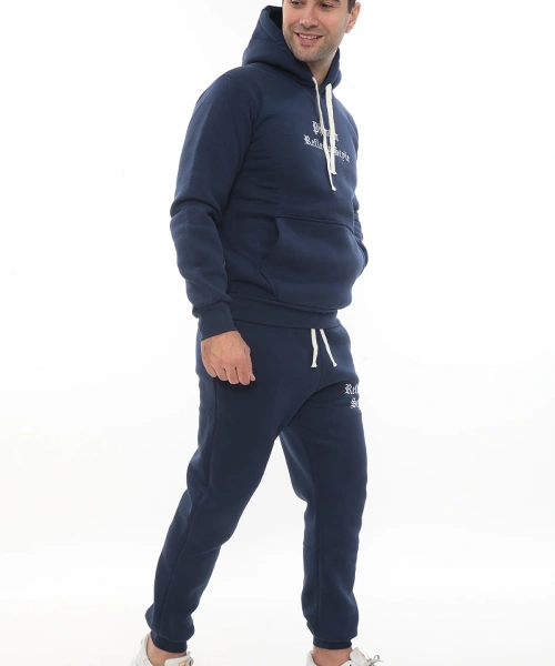 Mavi Şık İçi Polarlı Erkek Eşofman Takımı Paça Lastikli Cepli Kapüşonlu Nakış Detaylı Compact Takım