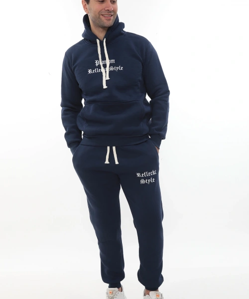 Mavi Şık İçi Polarlı Erkek Eşofman Takımı Paça Lastikli Cepli Kapüşonlu Nakış Detaylı Compact Takım