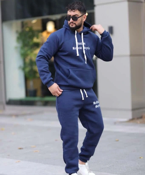 Mavi Şık İçi Polarlı Erkek Eşofman Takımı Paça Lastikli Cepli Kapüşonlu Nakış Detaylı Compact Takım
