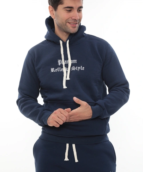 Mavi Şık İçi Polarlı Erkek Eşofman Takımı Paça Lastikli Cepli Kapüşonlu Nakış Detaylı Compact Takım