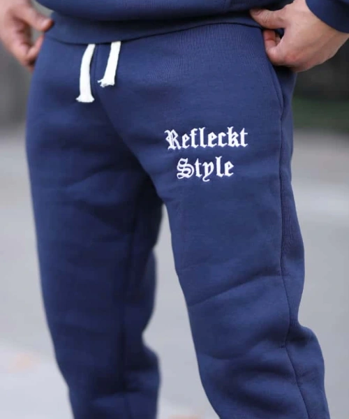 Mavi Şık İçi Polarlı Erkek Eşofman Takımı Paça Lastikli Cepli Kapüşonlu Nakış Detaylı Compact Takım