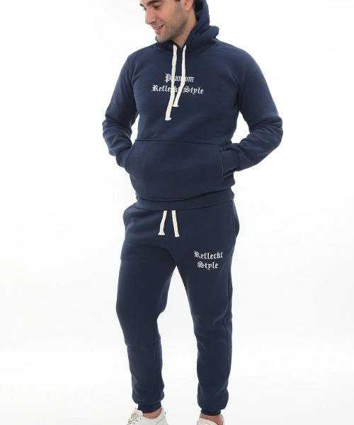 Mavi Şık İçi Polarlı Erkek Eşofman Takımı Paça Lastikli Cepli Kapüşonlu Nakış Detaylı Compact Takım