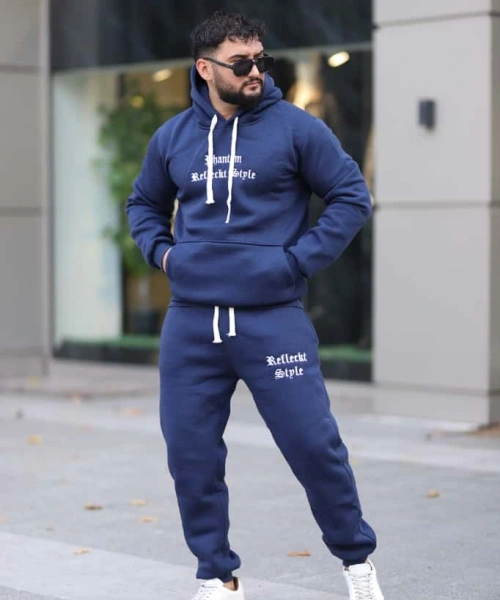 Mavi Şık İçi Polarlı Erkek Eşofman Takımı Paça Lastikli Cepli Kapüşonlu Nakış Detaylı Compact Takım