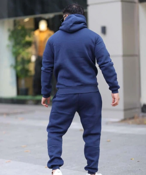 Mavi Şık İçi Polarlı Erkek Eşofman Takımı Paça Lastikli Cepli Kapüşonlu Nakış Detaylı Compact Takım