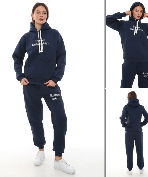 Mavi Şık Polarlı Kadın Eşofman Takımı Paça Lastikli Cepli Kapüşonlu Nakış Detaylı Compact Takım