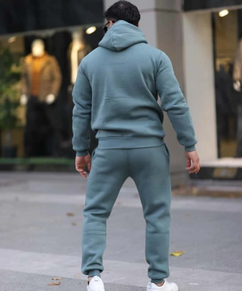Petrol Şık İçi Polarlı Erkek Eşofman Takımı Paça Lastikli Cepli Kapüşonlu Nakış Detaylı Compact Takım