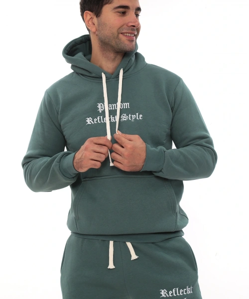 Petrol Şık İçi Polarlı Erkek Eşofman Takımı Paça Lastikli Cepli Kapüşonlu Nakış Detaylı Compact Takım