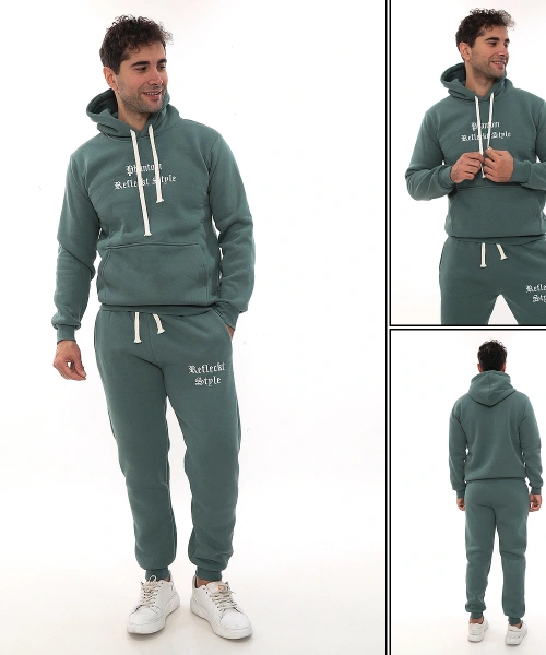 Petrol Şık İçi Polarlı Erkek Eşofman Takımı Paça Lastikli Cepli Kapüşonlu Nakış Detaylı Compact Takım