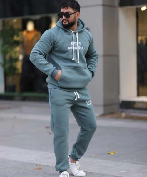 Petrol Şık İçi Polarlı Erkek Eşofman Takımı Paça Lastikli Cepli Kapüşonlu Nakış Detaylı Compact Takım