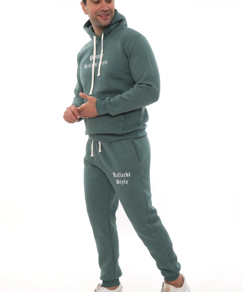 Petrol Şık İçi Polarlı Erkek Eşofman Takımı Paça Lastikli Cepli Kapüşonlu Nakış Detaylı Compact Takım