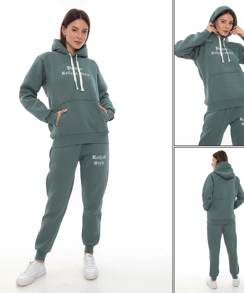 Petrol Şık Polarlı Kadın Eşofman Takımı Paça Lastikli Cepli Kapüşonlu Nakış Detaylı Compact Takım