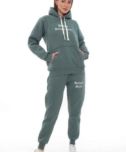 Petrol Şık Polarlı Kadın Eşofman Takımı Paça Lastikli Cepli Kapüşonlu Nakış Detaylı Compact Takım