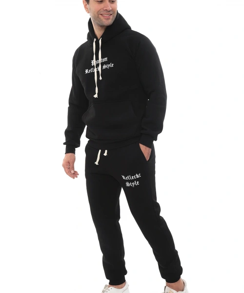Siyah Şık İçi Polarlı Erkek Eşofman Takımı Paça Lastikli Cepli Kapüşonlu Nakış Detaylı Compact Takım