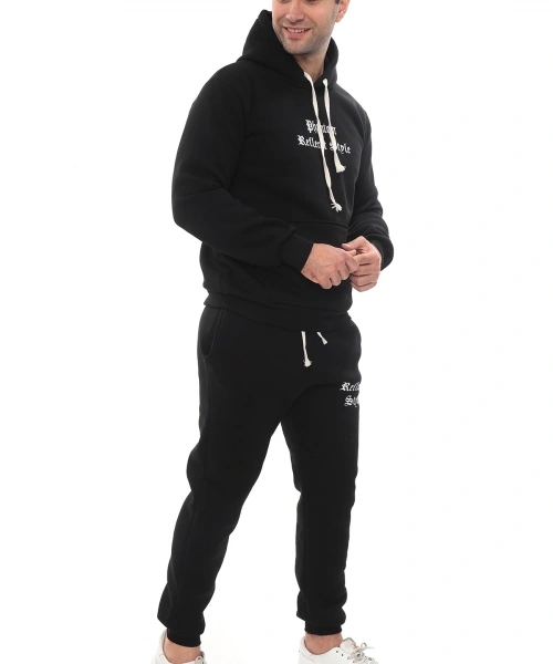 Siyah Şık İçi Polarlı Erkek Eşofman Takımı Paça Lastikli Cepli Kapüşonlu Nakış Detaylı Compact Takım