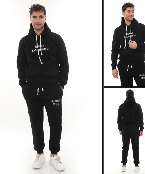 Siyah Şık İçi Polarlı Erkek Eşofman Takımı Paça Lastikli Cepli Kapüşonlu Nakış Detaylı Compact Takım