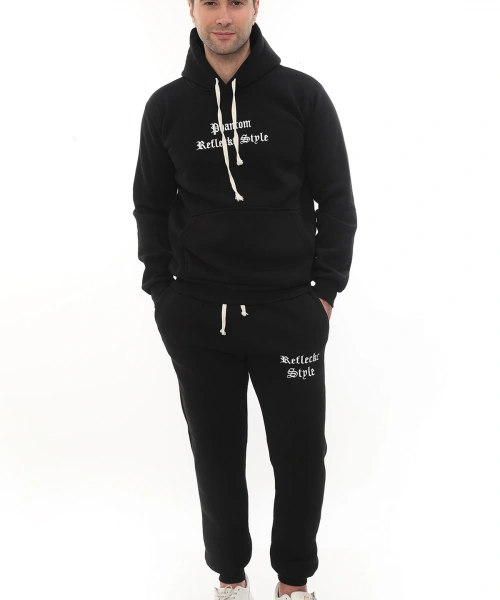 Siyah Şık İçi Polarlı Erkek Eşofman Takımı Paça Lastikli Cepli Kapüşonlu Nakış Detaylı Compact Takım